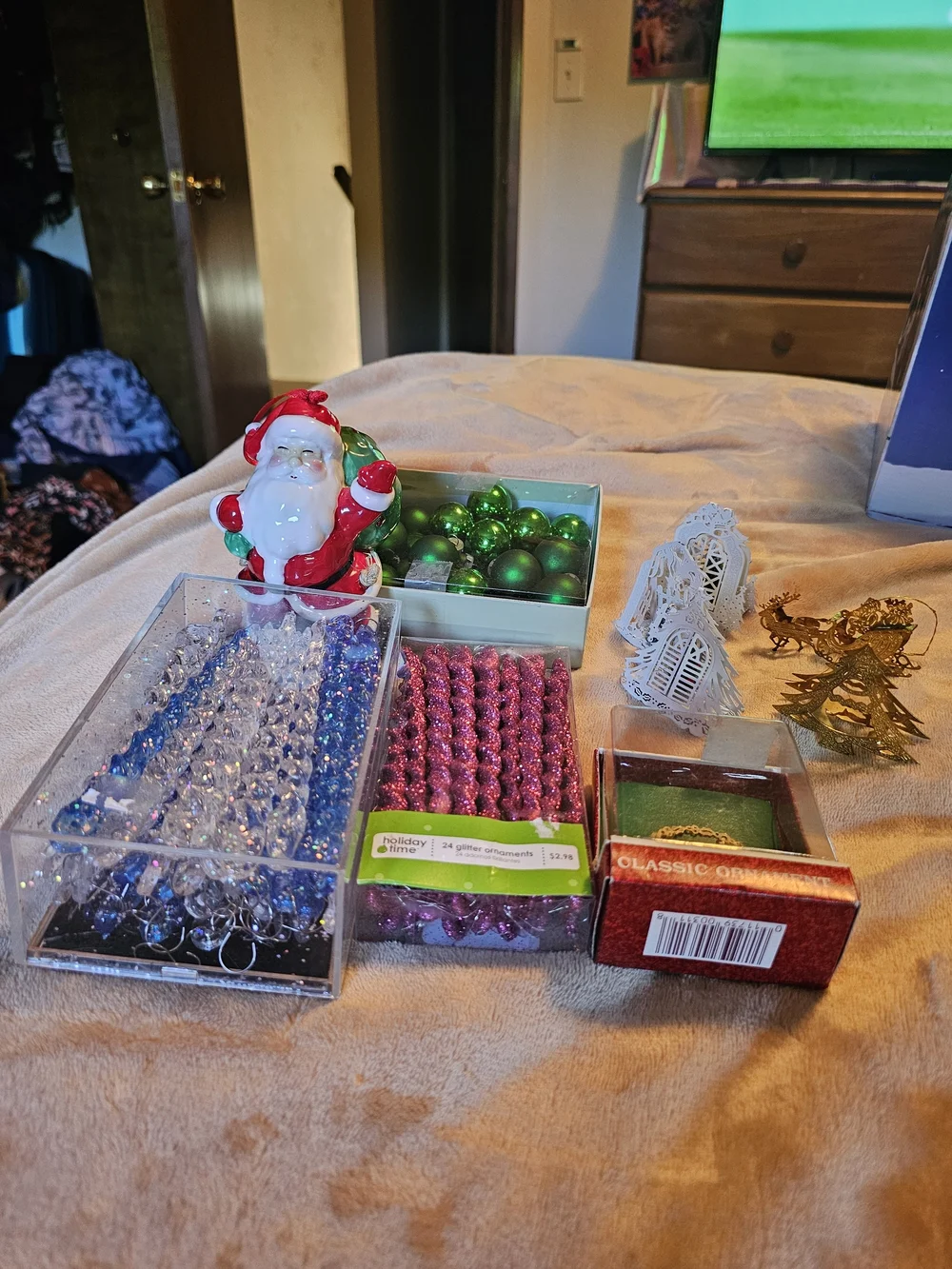 Holiday Santa Figurine and Assorted Green & Pink Ornaments